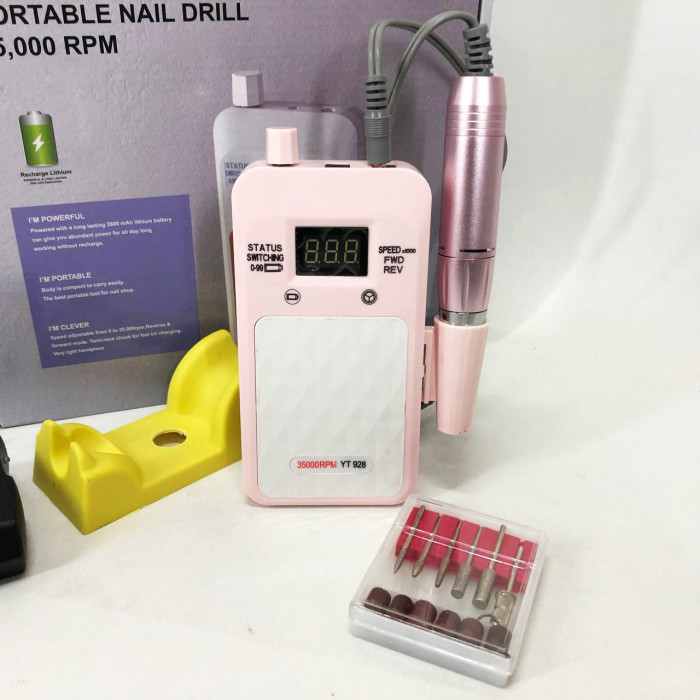 Портативний фрезер для нігтів Nail Drill YT-928 акумуляторний з індикатором заряду на 35 000 оборотів. Колір: рожевий