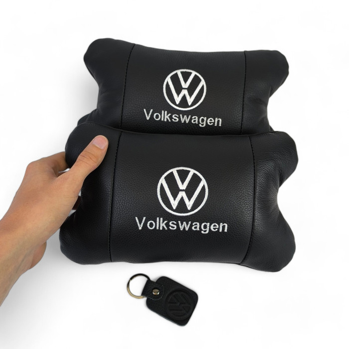 Набір подушок 2шт в авто Volkswagen з натуральної шкіри, на підголовник у машину, Автомобільна подушка