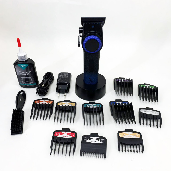 Професійна машинка для стрижки волосся VGR V-001 BLUE з дисплеєм 9000 об/хв та 10 насадками 1,5-24 мм