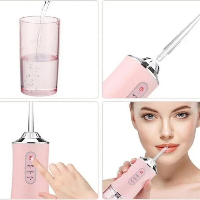 Іригатор для чищення зубів та порожнини рота Oral Irrigator з акумулятором та змінними насадками. Колір: рожевий