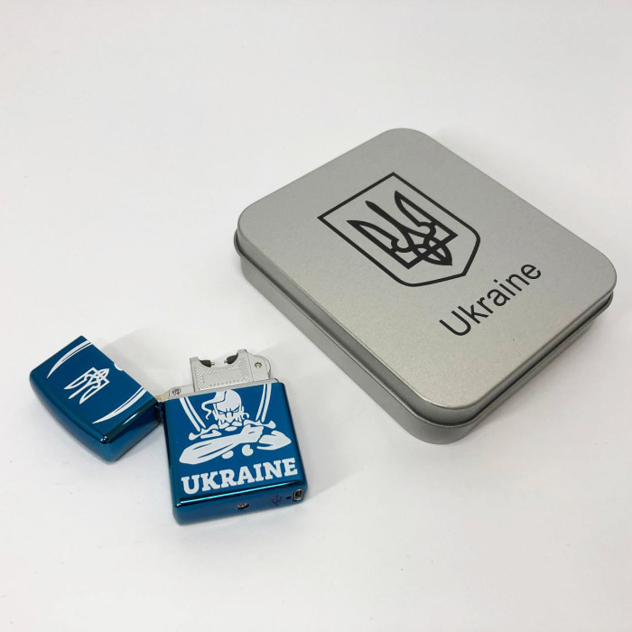 Дугова електроімпульсна запальничка USB Україна (металева коробка) HL-449. Колір: синій