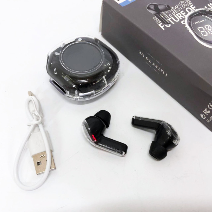 Бездротові навушники TWS T8 PRO з прозорим кейсом Вакуумний LED дисплей Bluetooth 5.3. Колір: чорний