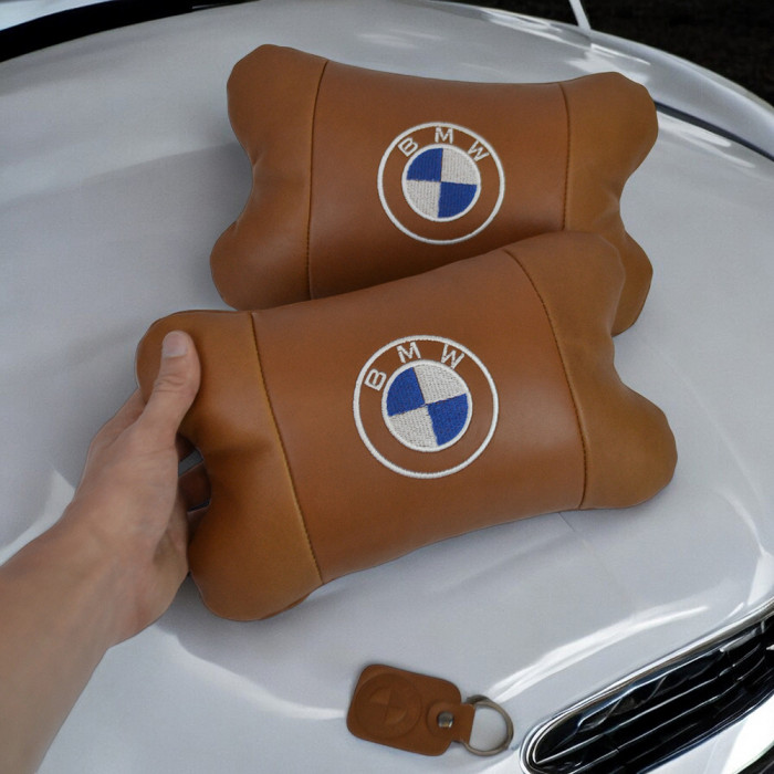 Комплект автоподушок 2шт з натуральної коричневої шкіри для BMW. Ортопедична подушка в авто БМВ