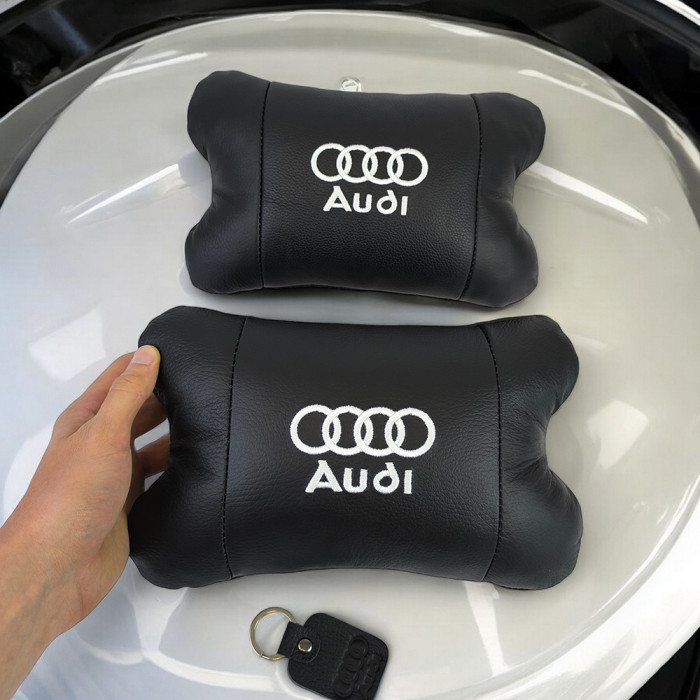 Набір автодушки 2шт на підголовник Audi / Ауді з натуральної шкіри чорна / Підголовник в машину