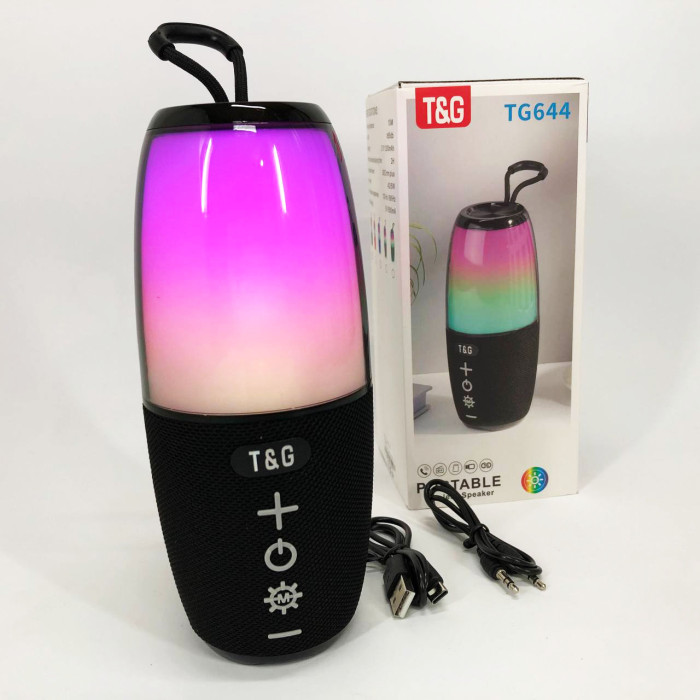 Портативна колонка TG644 5W з RGB підсвічуванням та ремінцем, блютуз колонка з акумулятором. Колір: чорний