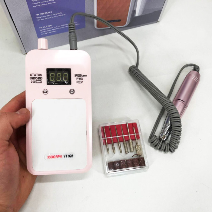 Портативний фрезер для нігтів Nail Drill YT-928 акумуляторний з індикатором заряду на 35 000 оборотів. Колір: рожевий