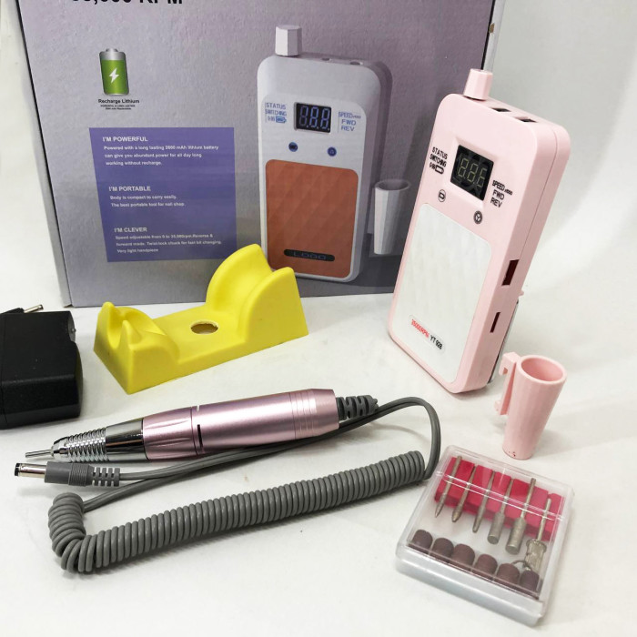 Портативний фрезер для нігтів Nail Drill YT-928 акумуляторний з індикатором заряду на 35 000 оборотів. Колір: рожевий