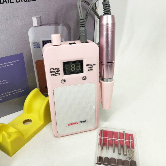 Портативний фрезер для нігтів Nail Drill YT-928 акумуляторний з індикатором заряду на 35 000 оборотів. Колір: рожевий