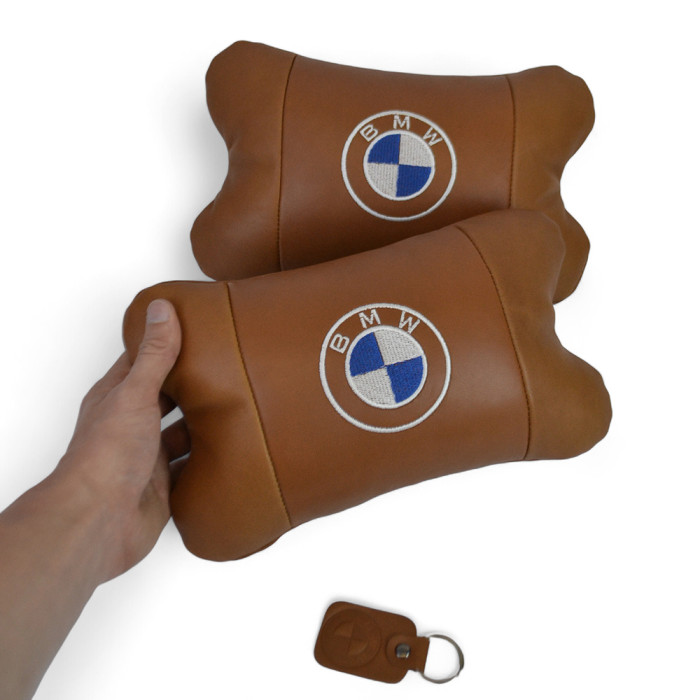 Комплект автоподушок 2шт з натуральної коричневої шкіри для BMW. Ортопедична подушка в авто БМВ
