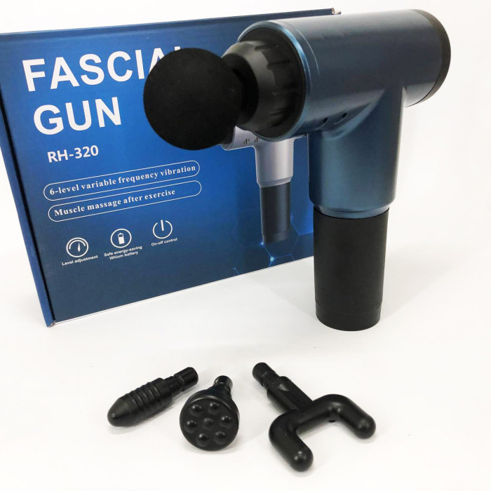 Акумуляторний масажер Fascial Gun KH-320 портативний ручний ударний м'язовий пістолет 4 насадки синій