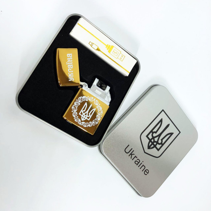 Дугова електроімпульсна USB Юсб запальничка Україна металева коробка HL-447. Колір: золотий
