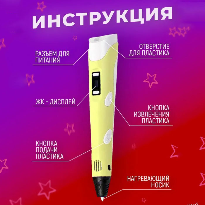 3D ручка Smart 3D Pen 2 c LCD дисплеєм, Дитяча електро ручка для фігурок із пластику. Колір: жовтий
