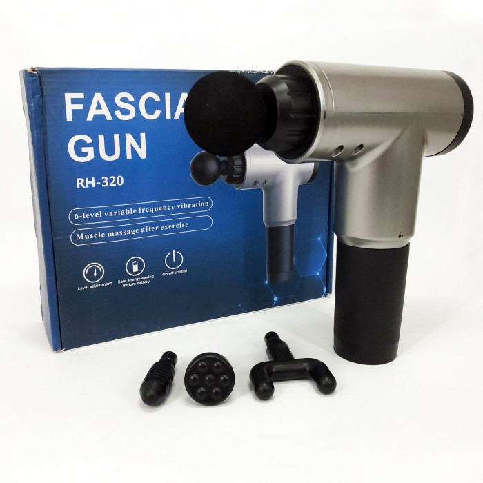 Акумуляторний масажер Fascial Gun KH-320 портативний ручний ударний м'язовий пістолет 4 насадки сірий