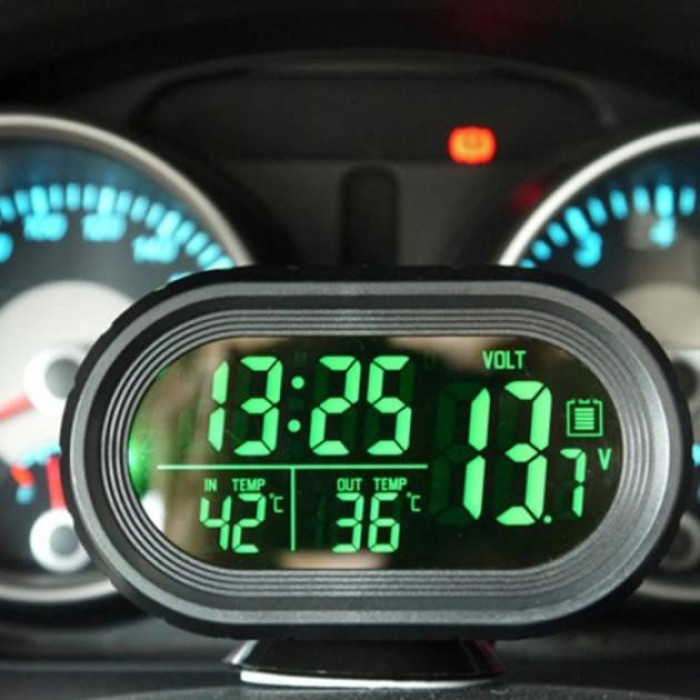 Автомобільний годинник VST-7009V підсвічування + 2 термометри + вольтметр, живлення від акумулятора авто 12В-24В