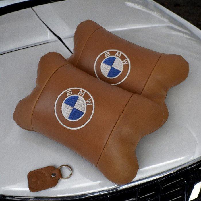 Комплект автоподушок 2шт з натуральної коричневої шкіри для BMW. Ортопедична подушка в авто БМВ