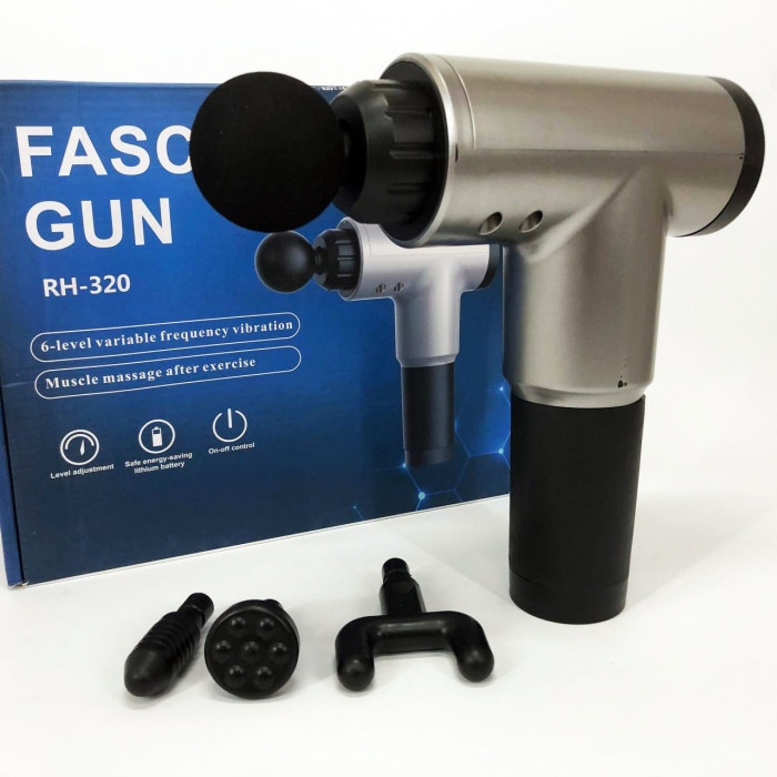 Акумуляторний масажер Fascial Gun KH-320 портативний ручний ударний м'язовий пістолет 4 насадки сірий