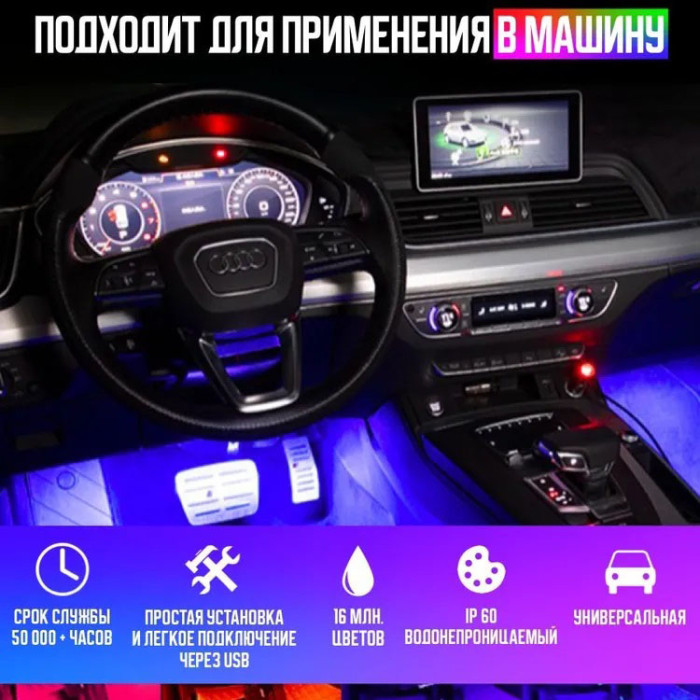 Світлодіодна стрічка SMD 5050 RGB LED 2 м IP65 з пультом та блоком живлення USB, 2м, Стрічка світлодіодна 5050
