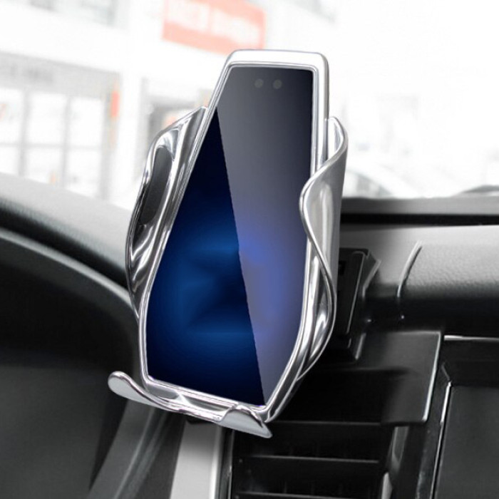 Автомобільний тримач S7 для телефону з бездротовим швидким заряджання flying wings. Колір: срібний