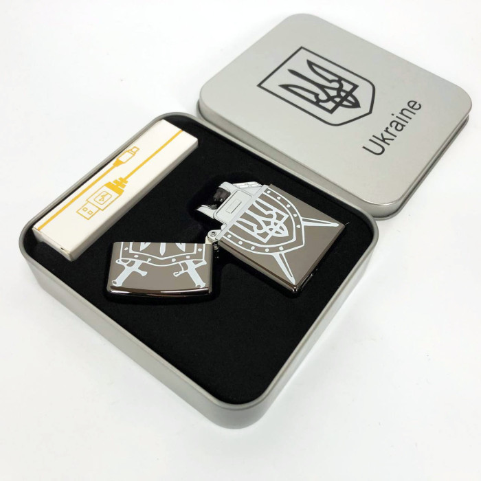 Дугова електроімпульсна запальничка USB Україна металева коробка HL-446. Колір: чорний