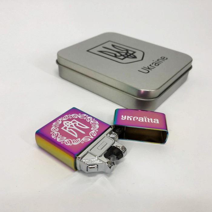 Дугова електроімпульсна запальничка USB Україна металева коробка HL-447. Колір: хамелеон