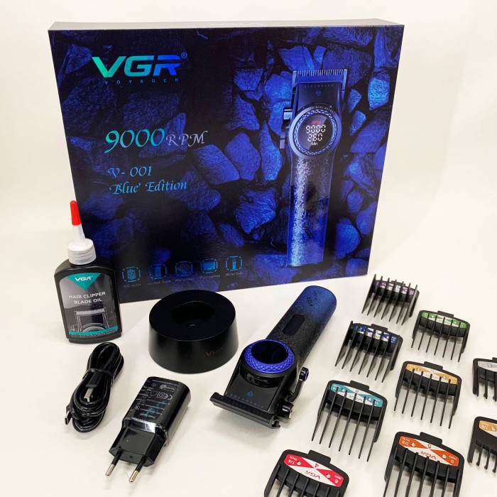 Професійна машинка для стрижки волосся VGR V-001 BLUE з дисплеєм 9000 об/хв та 10 насадками 1,5-24 мм