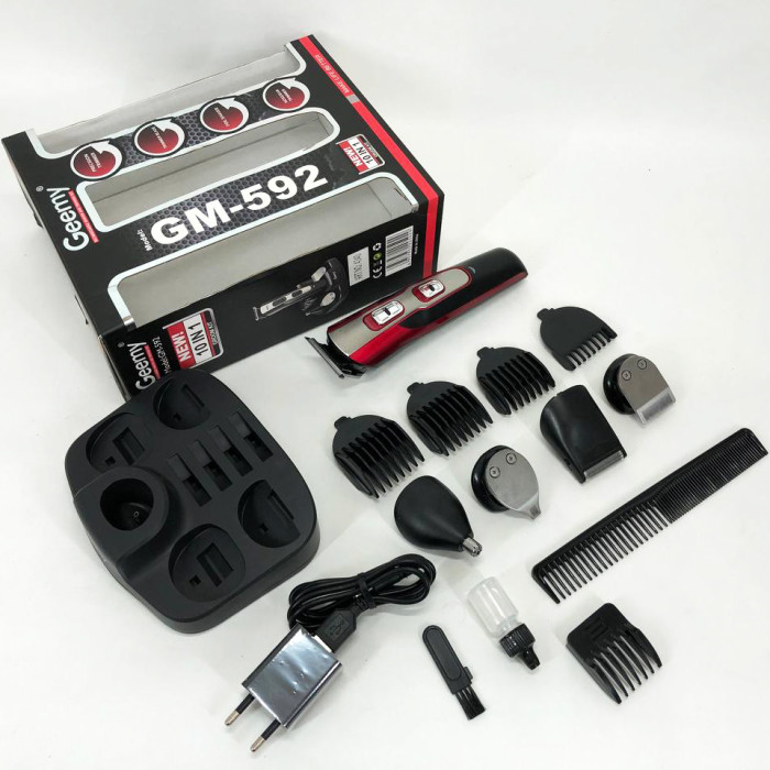 Машинка для стрижки 10в1 GEMEI GM-592, машина для окантування, підстригальна машинка. Колір: червоний