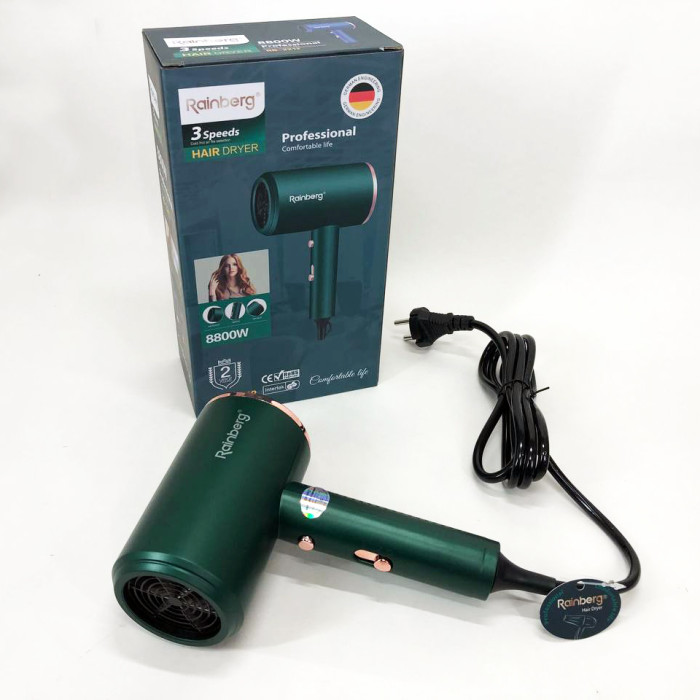 Фен Rainberg RB-2212 8800 W з регуляцією температури та швидкості для сушіння та укладання волосся. Колір: зелений