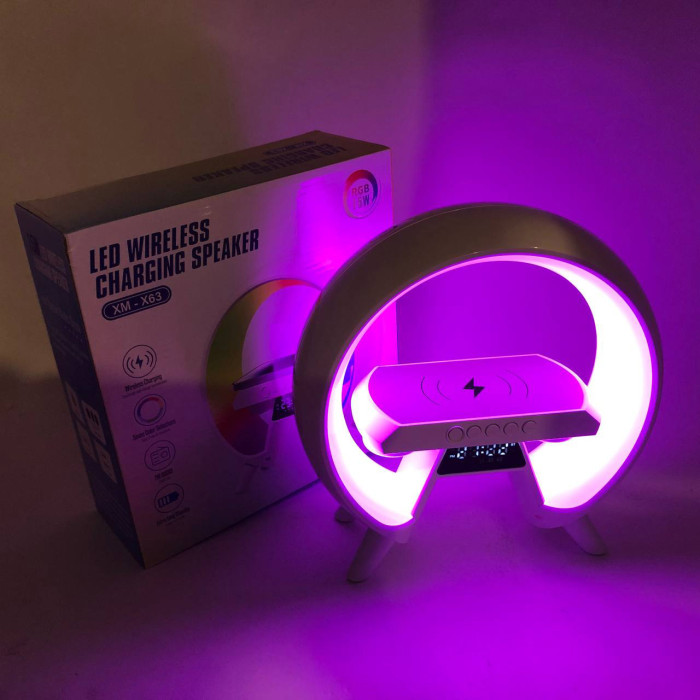 LED Лампа нічник з бездротовою зарядкою та Bluetooth динаміком G-Lite XM-X63, Годинник хамелеон з будильник