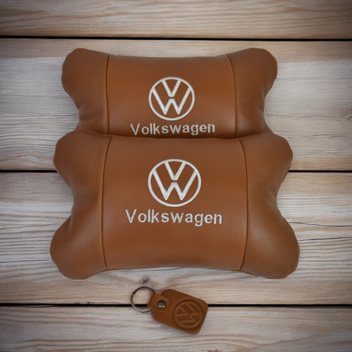 Набір подушок 2шт для автомобіля Volkswagen, з натуральної коричневої шкіри. Подушки на підголовник