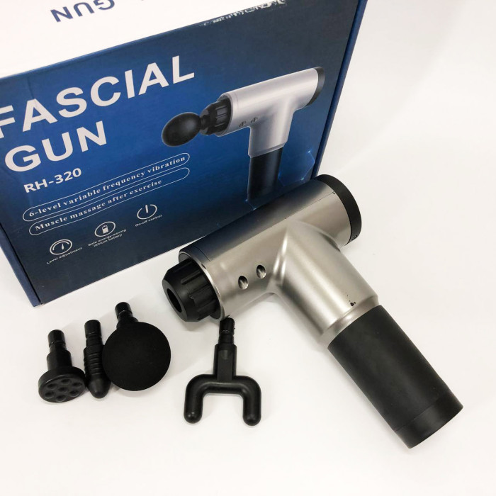 Акумуляторний масажер Fascial Gun KH-320 портативний ручний ударний м'язовий пістолет 4 насадки сірий