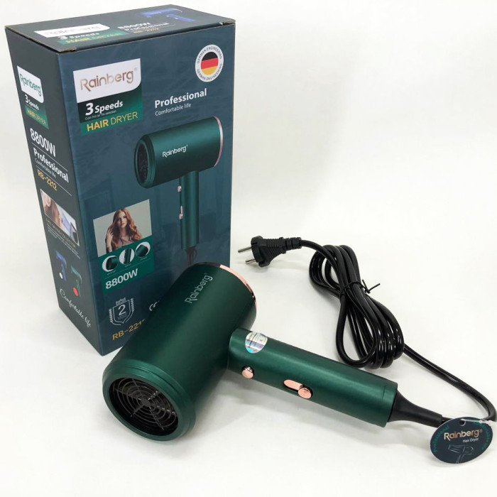 Фен Rainberg RB-2212 8800 W з регуляцією температури та швидкості для сушіння та укладання волосся. Колір: зелений