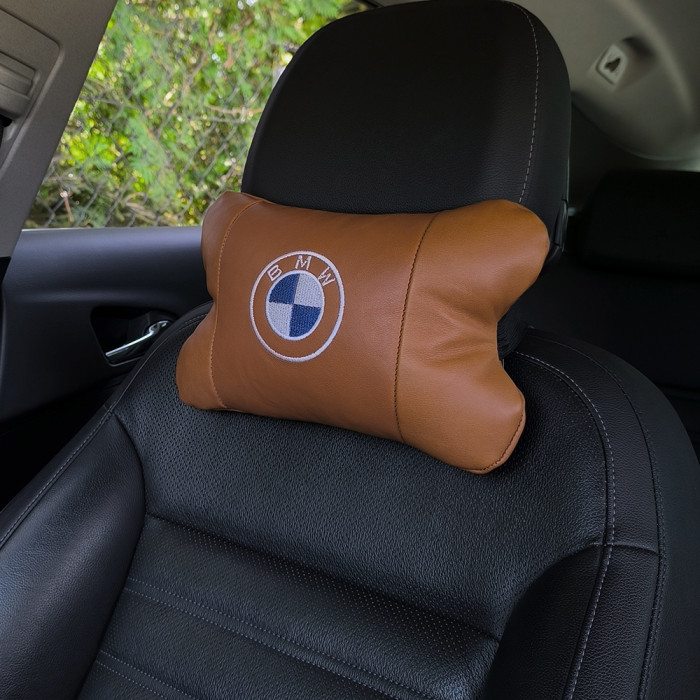 Комплект автоподушок 2шт з натуральної коричневої шкіри для BMW. Ортопедична подушка в авто БМВ