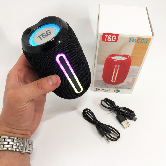 Портативна Bluetooth-колонка TG653 USB з ремінцем, акумуляторна колонка для музики. Колір: чорний